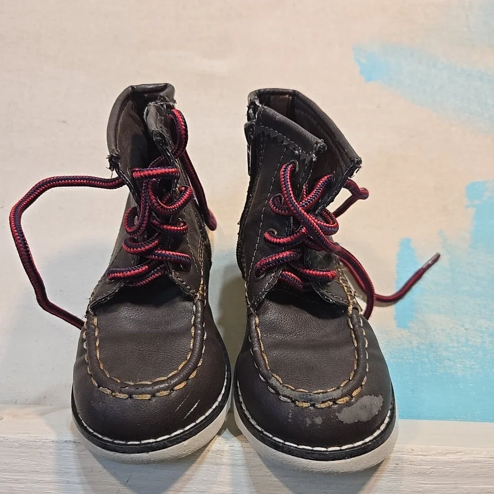 Baby Gap Kids 7 Brown Moc Toe Lace Up Boots Red Laces Side Zip Faux Leather Sole